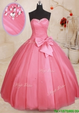 Most Popular Sweetheart Bowknot and Beaded Top Watermelon Quinceanera Gown in Tulle