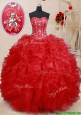 Unique Visible Boning Lace Up Red Sweet 15 Dress with Beading and Ruffles