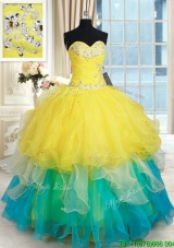 Unique Yellow and Teal Sweetheart Quinceanera Dress with Ruffles and Beading