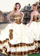 Exquisite Leopard Champagne Quinceanera Dress with Pick Ups and Hand Made Flowers