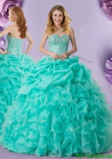 Latest Visible Boning Organza Turquoise Quinceanera Dress with Beading and Ruffles
