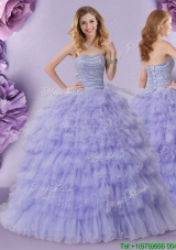 Luxurious Beaded Bodice and Ruffled Layers Strapless Quinceanera Dress in Lavender