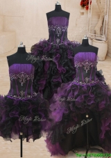 Beautiful Beaded and Ruffled Black and Purple Strapless Detachable Quinceanera Dress