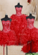 Affordable Three Piece Visible Boning Beaded and Ruffled Quinceanera Dress in Red