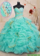 Discount Ruffled and Beaded Apple Green Quinceanera Dress with Brush Train