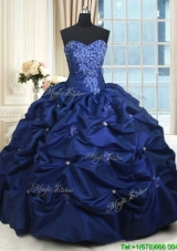 Pretty Ball Gown Sweetheart Navy Blue Taffeta Quinceanera Dress with Beading and Bubbles