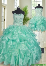 Elegant Two Piece Visible Boning Apple Green Quinceanera Dress with Beaded Bodice and Ruffles