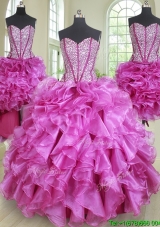 Classical Three Piece Visible Boning Ruffled and Beaded Bodice Quinceanera Dress in Fuchsia