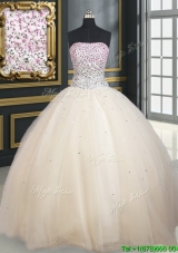 Perfect Puffy Skirt Beaded Bodice Strapless Champagne Quinceanera Dress in Tulle
