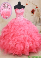 New Big Puffy Visible Boning Watermelon Red Sweet 15 Dress with Beading and Ruffles