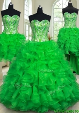 Beautiful Green Organza Removable Quinceanera Dress with Ruffles and Beaded Bodice