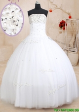 Most Popular Ball Gown Strapless Beaded White Quinceanera Dress in Tulle