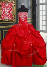 Cheap Big Puffy Strapless Taffeta Beaded Quinceanera Dress in Red
