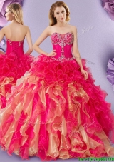 Beautiful Ruffled and Beaded Quinceanera Dress in Hot Pink and Gold