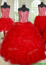 Affordable Visible Boning Red Removable Quinceanera Dress with Ruffles and Beading