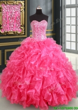 Cheap Really Puffy Visible Boning Sequined and Beaded Quinceanera Dress in Hot Pink