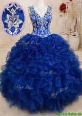 Popular V Neck Open Back Royal Blue Quinceanera Dress with Beading and Ruffles