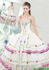 Pretty Really Puffy White Quinceanera Dress with Embroidery and Ruffled Layers