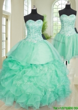Most Popular Ruffled and Beaded Turquoise Detachable Quinceanera Dress in Organza