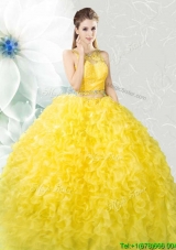 Popular Two Piece Scoop Ruffled and Beaded Yellow Quinceanera Dress in Organza
