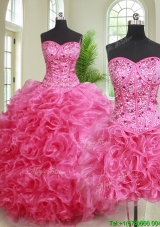 Cheap Really Puffy Hot Pink Removable Quinceanera Gown with Ruffles and Beading