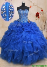 Popular Visible Boning Ruffled and Beaded Bodice Quinceanera Dress in Blue