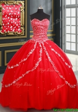 Lovely Beaded Bodice and Applique Tulle Quinceanera Dress with Brush Train