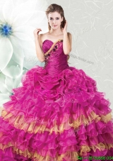 Discount Sweetheart Ruffled Layers Quinceanera Dress in Fuchsia and Gold