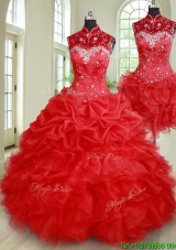 Pretty Ruffled and Bubble Beaded High Neck Removable Quinceanera Dress in Red