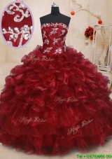 Luxurious Strapless Beaded and Ruffled Layers Organza Quinceanera Dress in Burgundy