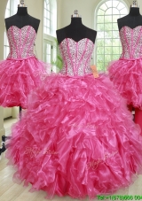 Luxurious Visible Boning Hot Pink Removable Sweet 16 Gown with Ruffles and Beading