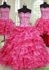 Gorgeous Three Piece Ruffled and Beaded Hot Pink Quinceanera Dress in Organza