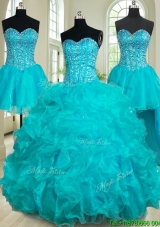 Top Seller Organza Ruffled and Beaded Detachable Quinceanera Dress in Teal