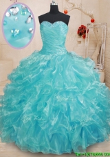 Latest Organza Sweetheart Aquamarine Quinceanera Gown with Beading and Ruffles