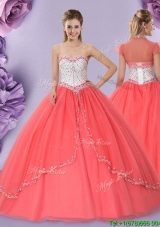 Modest Lace Up Beaded Bodice Quinceanera Dress in Watermelon Red