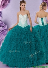 Gorgeous Visible Boning Teal Quinceanera Dress with Ruffles and Beading