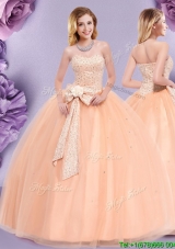 Hot Sale Bowknot and Beaded Bodice Zipper Up Quinceanera Dress in Tulle
