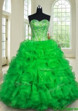 New Style Visible Boning Ruffled and Beaded Green Quinceanera Dress in Organza