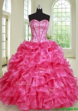 New Style Lace Up Hot Pink Quinceanera Dress with Ruffles and Beading