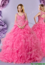 Exquisite Ruffled and Beaded Rose Pink Quinceanera Dress in Organza