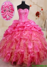 Discount Sweetheart Beaded and Ruffled Quinceanera Dress in Hot Pink and Champagne