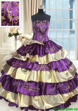 Luxurious Strapless Purple and Gold Sweet 16 Dress with Beading and Ruffled Layers