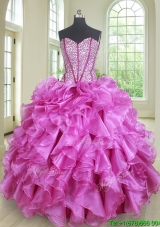 Pretty Visible Boning Fuchsia Organza Quinceanera Dress with Ruffles and Beading