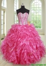 Classical Visible Boning Beaded Ruffled Sweetheart Quinceanera Gown in Rose Pink