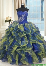 Pretty Organza Blue and Yellow Quinceanera Dress with Ruffles and Beading
