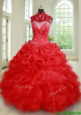 Lovely See Through High Neck Beaded Quinceanera Dress with Ruffles and Bubbles