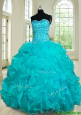 Fashionable Ruffled and Beaded Bodice Teal Quinceanera Dress in Organza