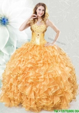 Best Selling Floor Length Gold Quinceanera Dress with Ruffles and Beading