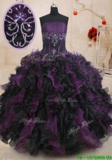 New Style Strapless Beaded and Ruffled Quinceanera Dress in Black and Purple