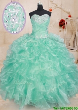 Modest Puffy Skirt Beaded and Ruffled Turquoise Quinceanera Dress in Organza